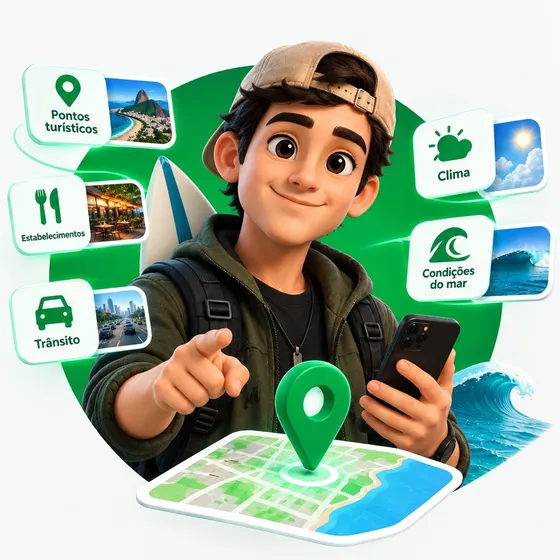 Gui, guia de IA com celular e mapa indicando restaurantes, farmácias e serviços